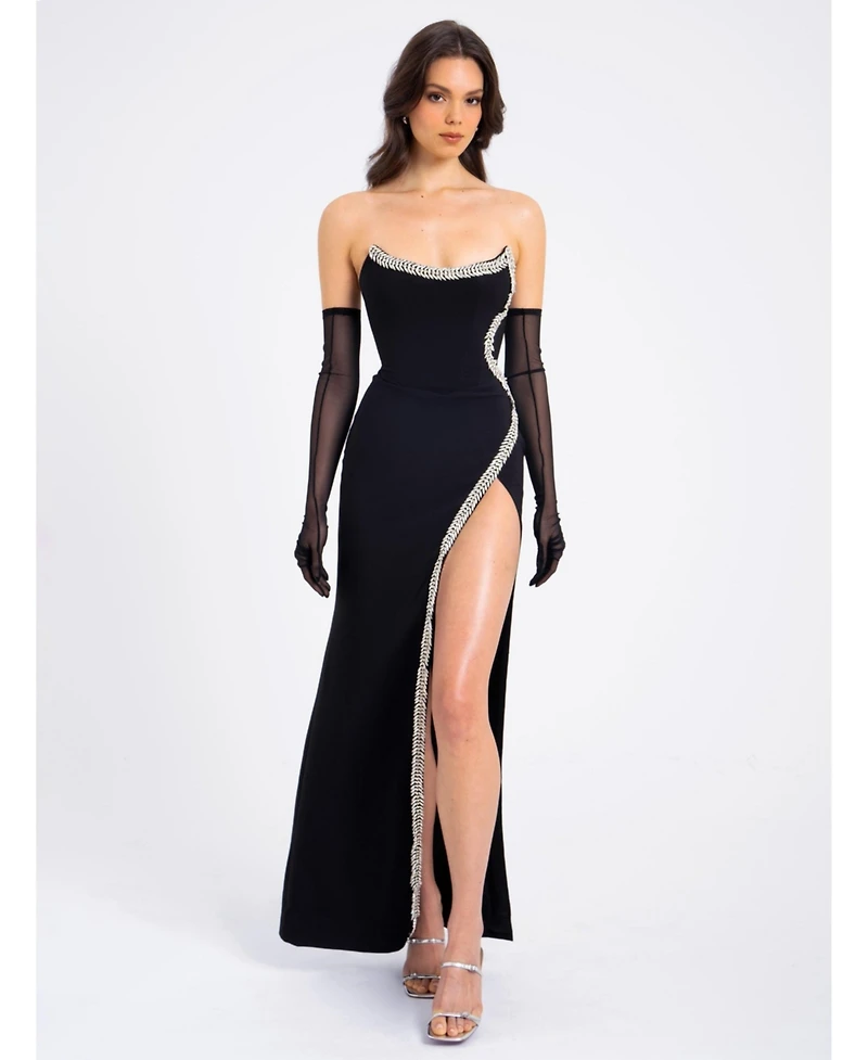 Miss Circle Women Xoana Black Crystal Embellished High Slit Gown