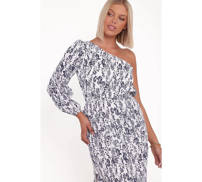 Petal and Pup Pontee One Shoulder Pleated Midi Dress - Navy Floral