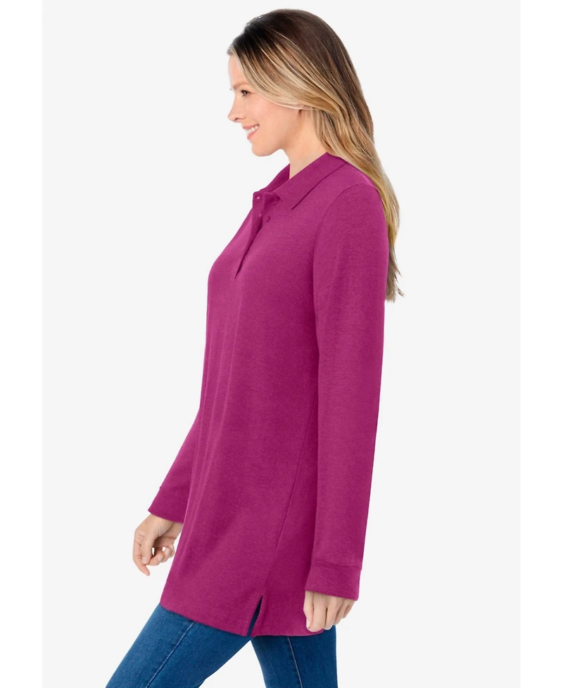 Woman Within Plus Long-Sleeve Polo Shirt
