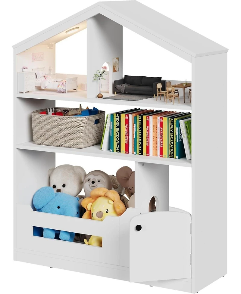 Kids Bookshelf and Toy Storage, Wooden Kids Bookcase with Motion Sensor Light, Dollhouse Bookcase for Playroom Bedroom Nursery Classroom