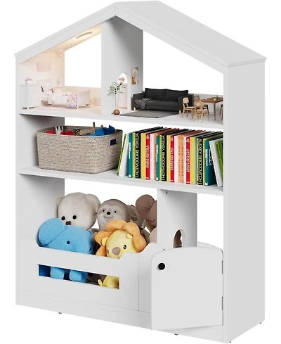 Kids Bookshelf and Toy Storage, Wooden Kids Bookcase with Motion Sensor Light, Dollhouse Bookcase for Playroom Bedroom Nursery Classroom