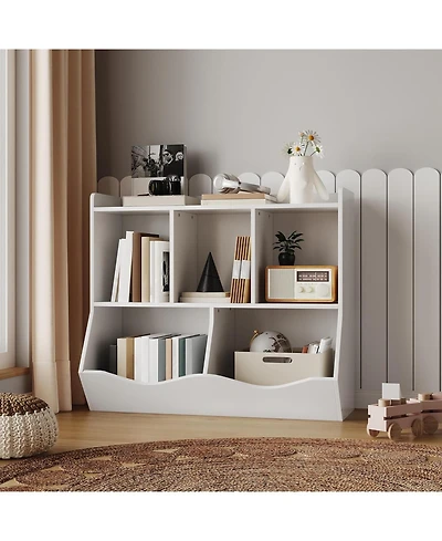 gaomon Stylish Wooden Toy Shelf, Toy Storage and Organization Shelf, Double-Layer Children's Bookshelf, Ideal for Game Rooms and Corridors, White