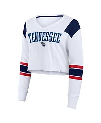 Fanatics Women's White Tennessee Titans Stretch Cropped Fashion Long Sleeve T-Shirt