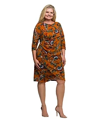 24seven Comfort Apparel Plus Elbow Sleeve Ruched Tulip Fall Print Mini Dress