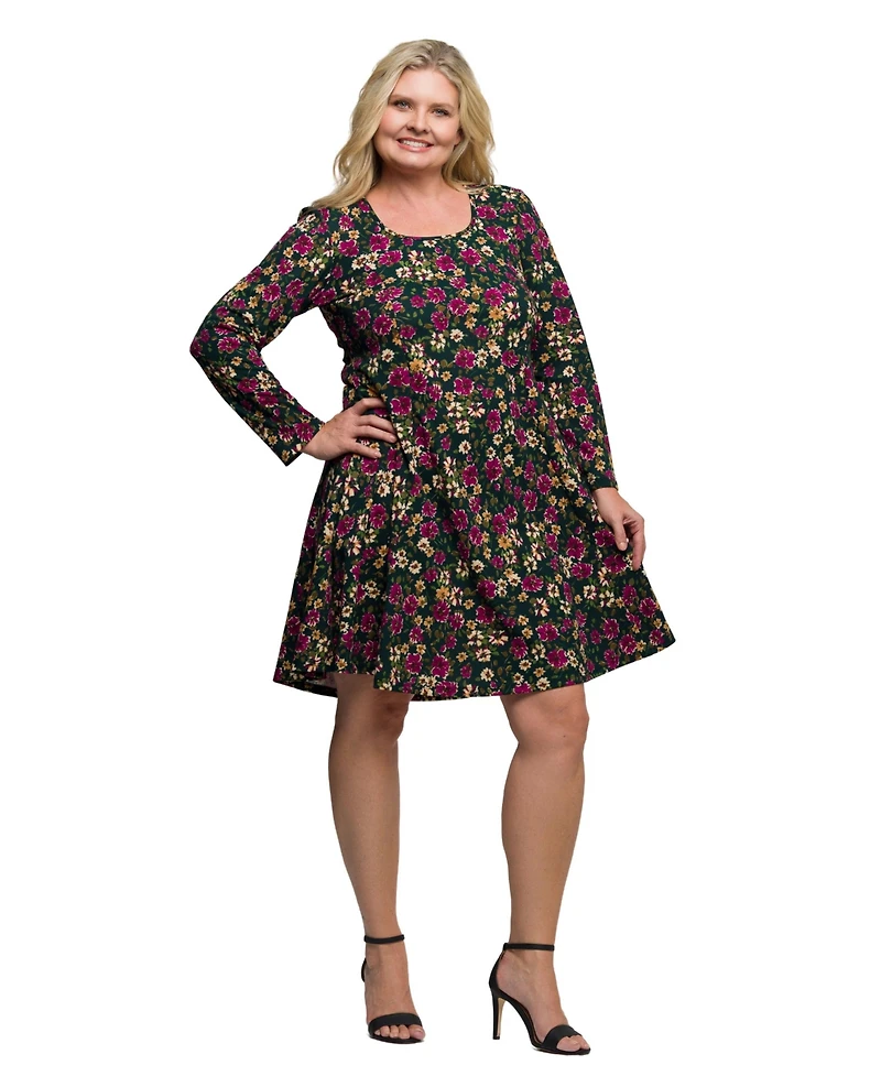 24seven Comfort Apparel Plus Floral Print Long Sleeve Fit and Flare Mini Dress