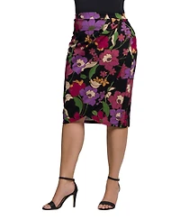 24seven Comfort Apparel Plus Black Multi Floral Print Midi Pencil Skirt