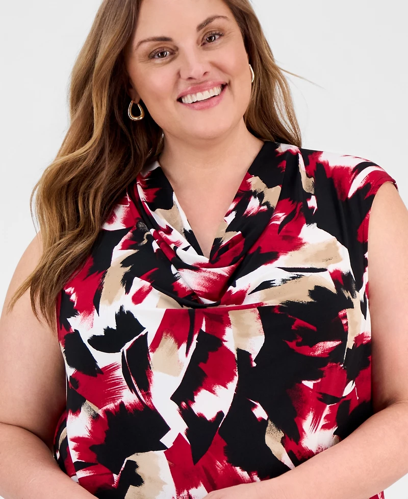 Kasper Plus Printed Cap-Sleeve Cowlneck Top