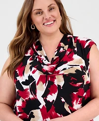 Kasper Plus Printed Cap-Sleeve Cowlneck Top