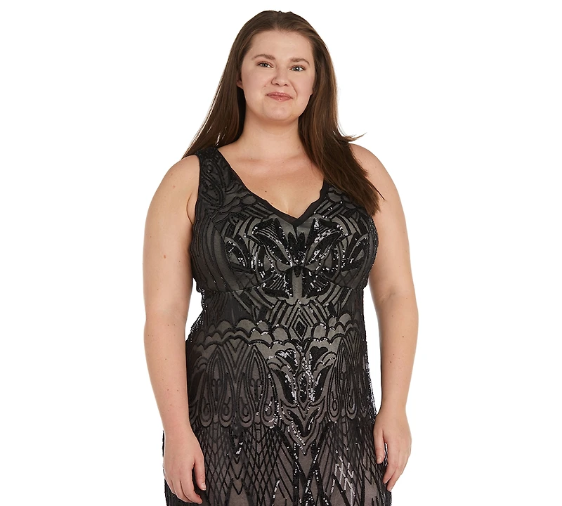 R & M Richards Plus Beaded V-Neck Maxi Dress