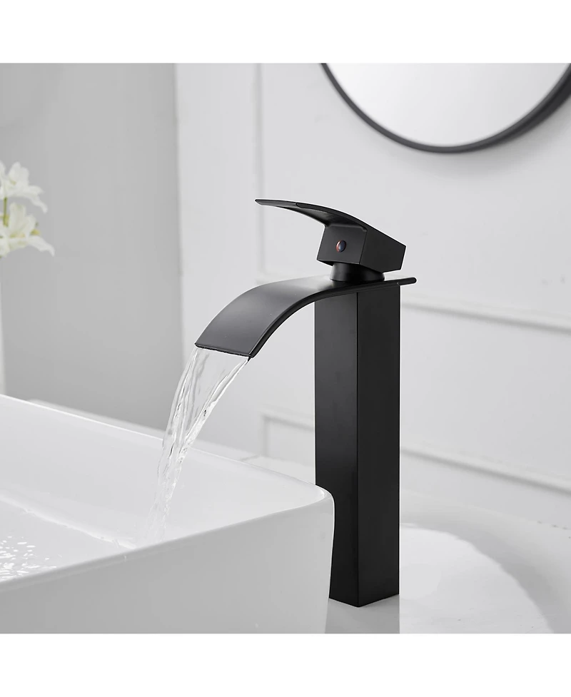 Waterfall Single Hole Handle Bathroom Vessel Sink Faucet With Pop-up Drain Assembly Brushed Nickel