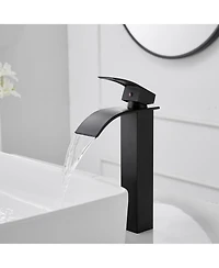 Waterfall Single Hole Handle Bathroom Vessel Sink Faucet With Pop-up Drain Assembly Brushed Nickel