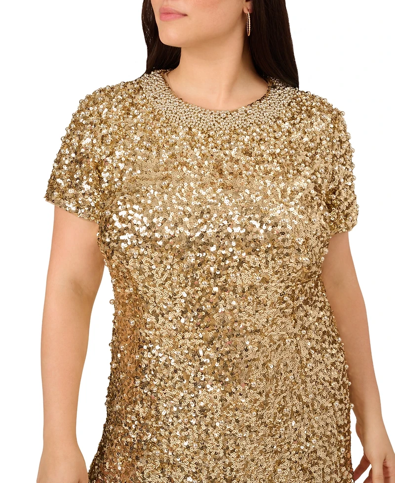 Adrianna Plus Beaded Mesh Short Sleeve Dress