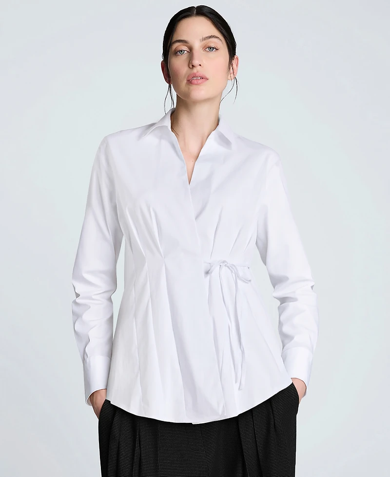 Kenneth Cole Juniors' Solid Poplin Wrap Y-Neck Tie-Waist Shirt