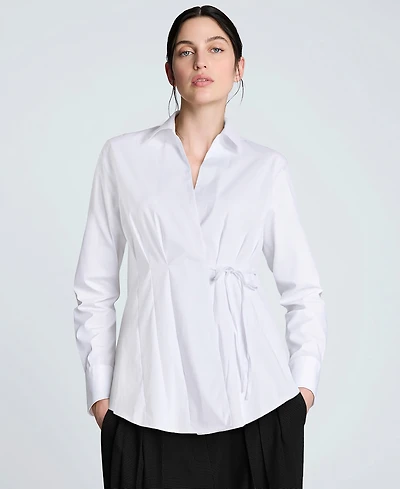 Kenneth Cole Juniors' Solid Poplin Wrap Y-Neck Tie-Waist Shirt