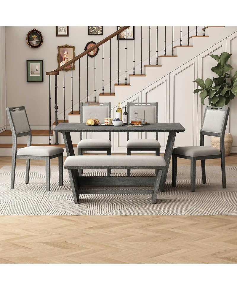 6-piece Retro Farmhouse Style Dining Set, Rectangular Table and 4 Upholstered Chairs with Rattan Bench for Room Kitchen