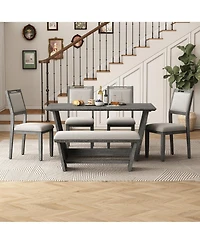 6-piece Retro Farmhouse Style Dining Set, Rectangular Table and 4 Upholstered Chairs with Rattan Bench for Room Kitchen