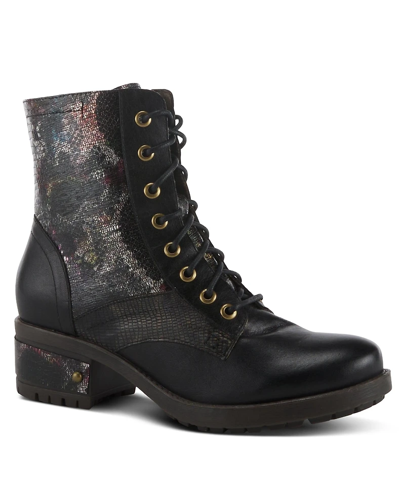 L Artiste Women s Marty-met Lace-Up Floral Metallic Boots with Faux Snakeskin Texture and Embossed Heel