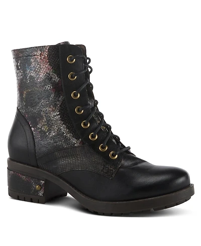 L Artiste Women s Marty-met Lace-Up Floral Metallic Boots with Faux Snakeskin Texture and Embossed Heel