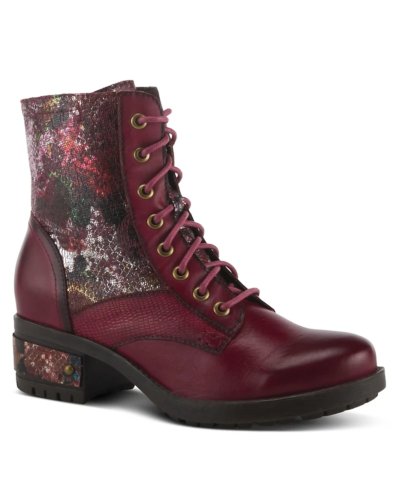 L Artiste Women s Marty-met Lace-Up Floral Metallic Boots with Faux Snakeskin Texture and Embossed Heel