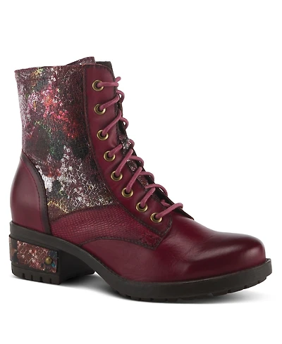 L Artiste Women s Marty-met Lace-Up Floral Metallic Boots with Faux Snakeskin Texture and Embossed Heel