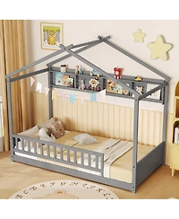 Gymax Twin Size House Bed w/Storage Shelf Headboard & Guardrail Wooden Slat Support