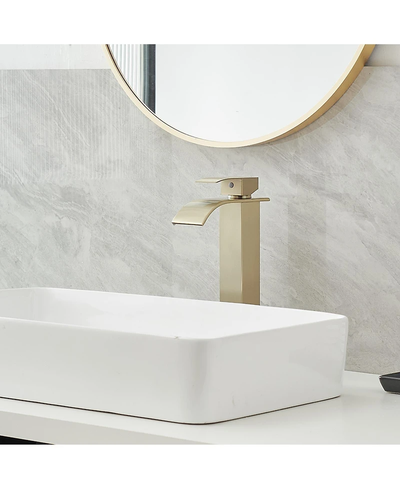 Waterfall Single Hole Single Handle Bathroom Vessel Sink Faucet With Supply Hose in Brushed Gold
