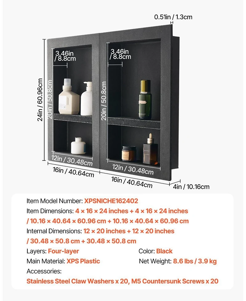 Slickblue Double Recessed Shower Niche Wall Shelf for Bathroom Storage and Organization