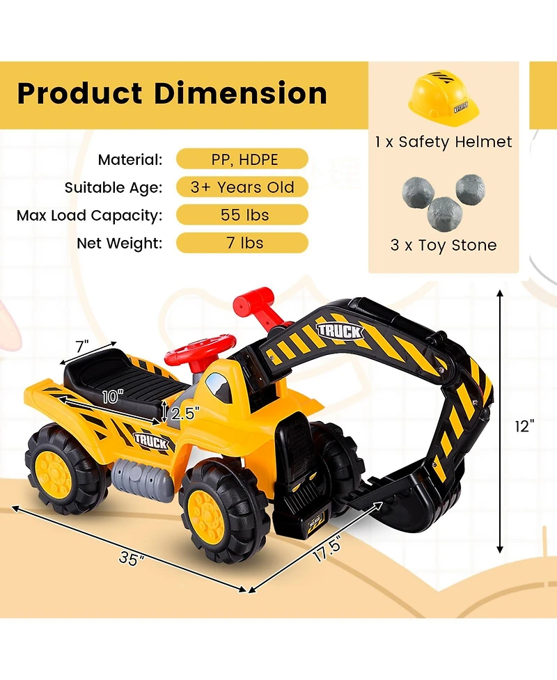 Ride-On Push Car Bulldozer Toy with Safety Helmet & Working Shovel
