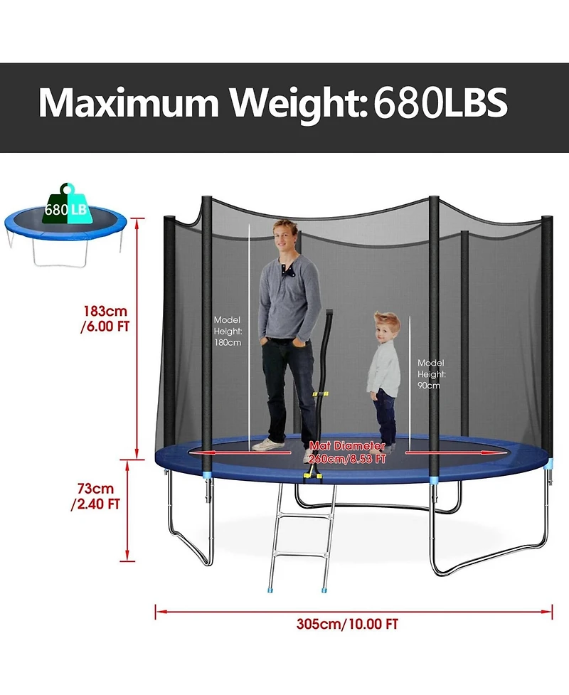 10ft Outdoor Trampoline with Safety Enclosure Net 680 lbs Capacity