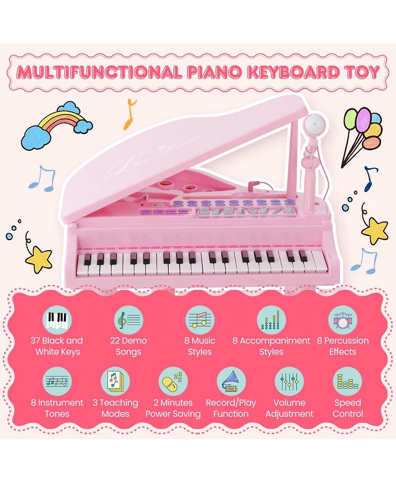 37-Key Kids Piano Keyboard with Stool and Lid – Pink