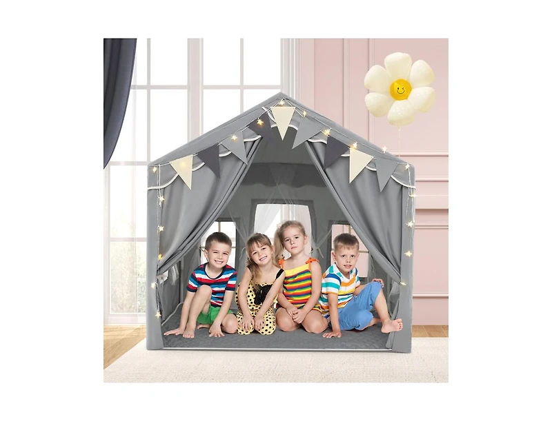 Large Play Tent House for 3-4 Kids with 2 Doors & Star Lights – Gray