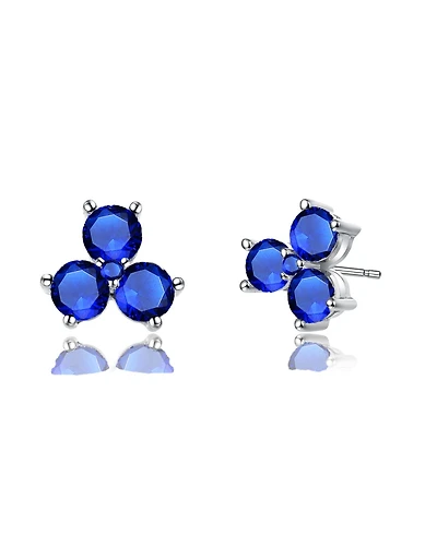 Rachel Glauber White Gold Plated with Clear Cubic Zirconia Blue Three Stone Stud Earrings