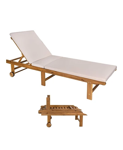Jonathan Y Mallorca Modern Classic Foldable Adjustable Wood Chaise Outdoor Lounge Chair with Cushion & Wheels