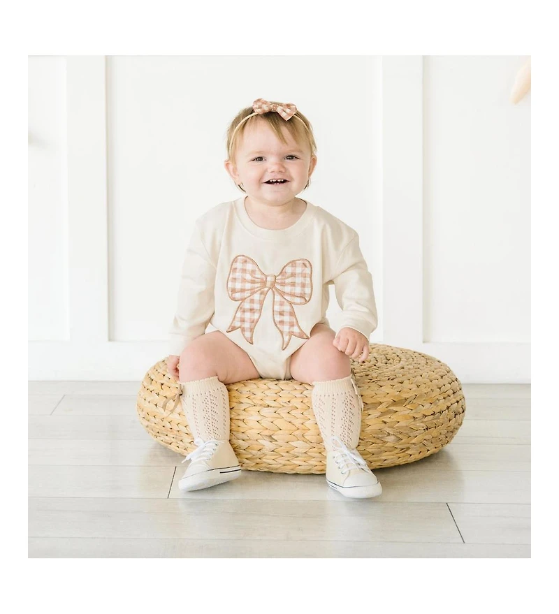 Sweet Wink Baby Girl Gingham Bow Patch Long Sleeve Romper