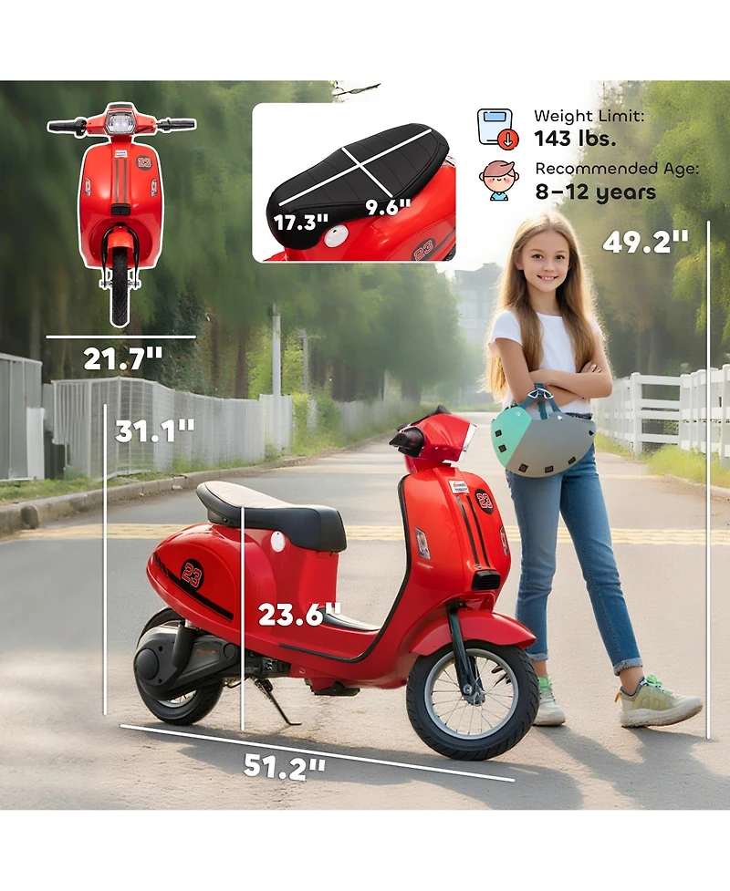 Qaba 24V Kids Motorcycle with Rear Suspension, Lights for 8-12 Years,