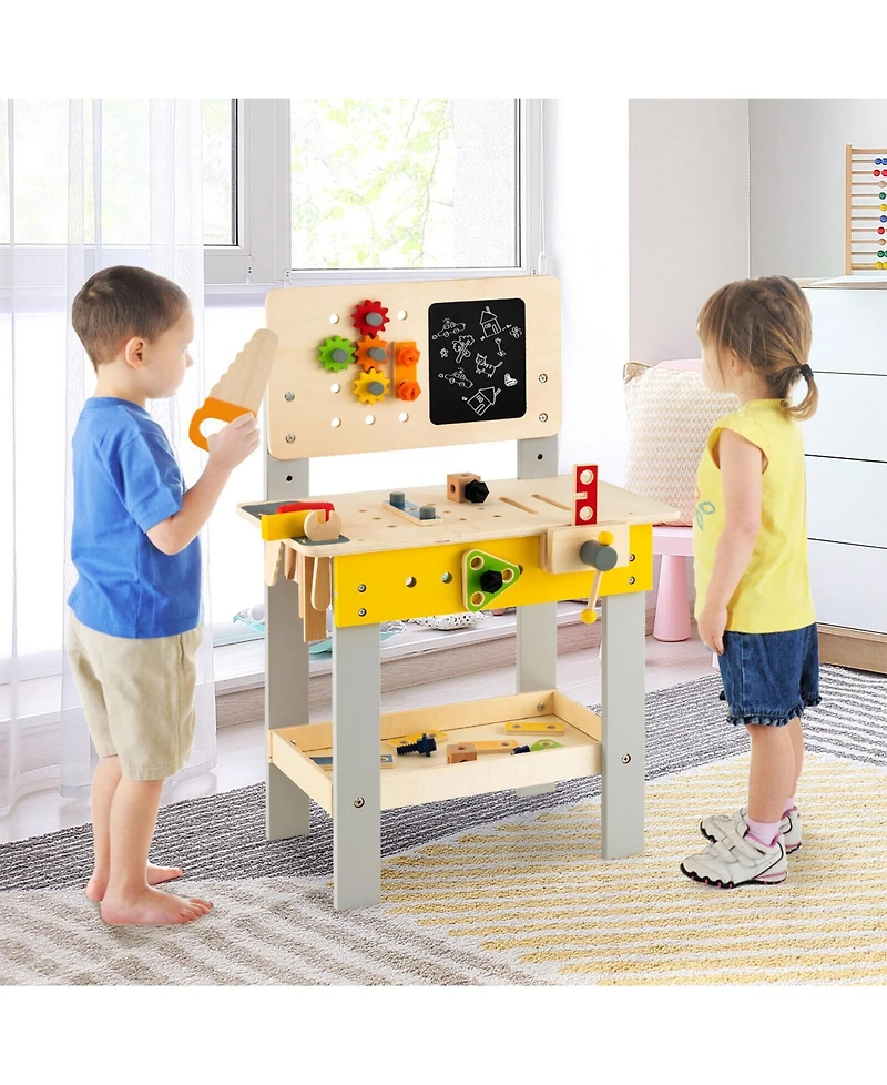 Wooden Pretend Play Workbench Set with Blackboard for Toddlers Ages 3+