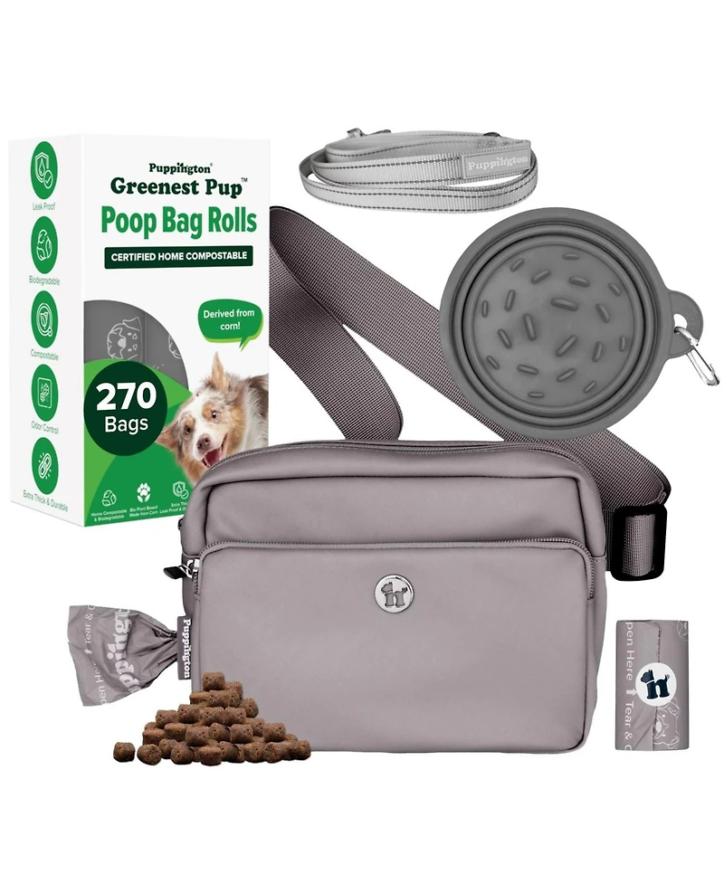 Puppington Walk Star Kit: 3-in-1 Dog Bag, Bowl, & Leash plus Matching 270 Refill Poop Bags