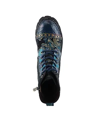 L Artiste Women s Severity Hand-Painted Lace-Up Combat Boot with Studs, Suede Shaft, and Lug Sole
