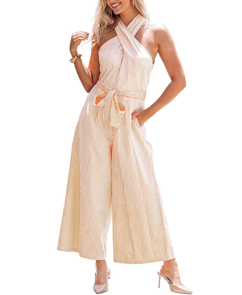Cupshe Women's Vibrant Striped Cross-Front Halter Wide Leg Jumpsuit