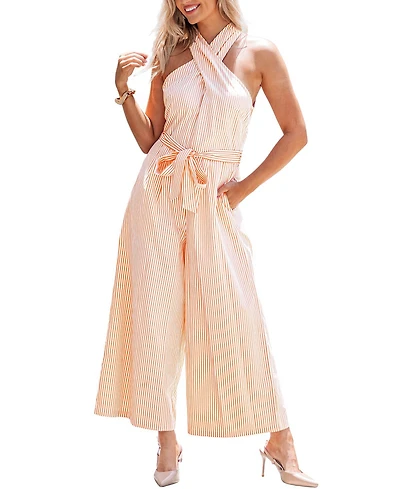 Cupshe Women's Vibrant Striped Cross-Front Halter Wide Leg Jumpsuit