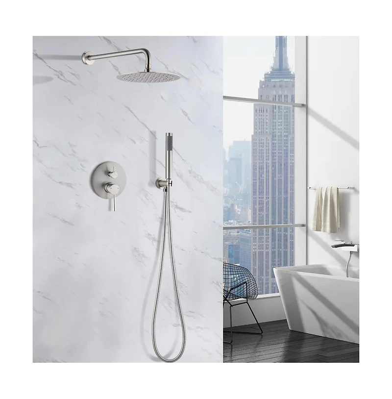 Rainsken Wall Mounted Round Shower Combo Set with 10" Rain Shower Head and Handheld Shower Head Set with Pressure Balancing Valve, Silver