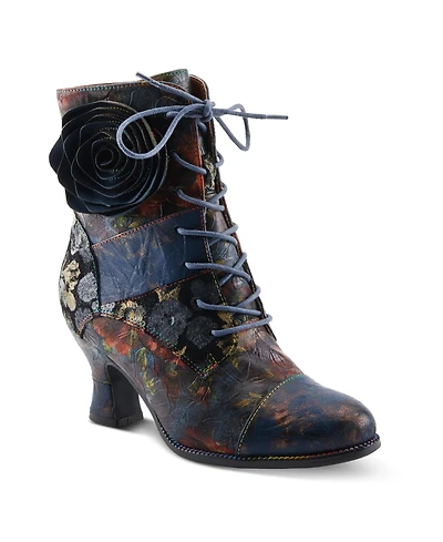 L Artiste Women s Roselia-flow Baroque Floral Lace-Up Boots with 3D Rose Applique and Sculpted Heel
