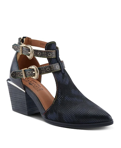 L Artiste Women s Daretobe Leather Shooties with Pointed Toe, Laser Cutouts, Adjustable Straps & Back Zipper