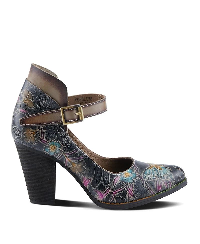L Artiste Women s Foxglove Leather Pumps with Floral Butterfly Art, Ankle Strap, and Stacked Western Heel