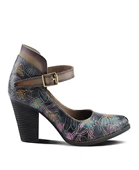 L Artiste Women s Foxglove Leather Pumps with Floral Butterfly Art, Ankle Strap, and Stacked Western Heel