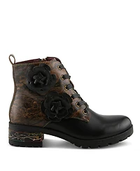 L'Artiste Women's Martinela Floral Applique Leather Boot with Rainbow Stitching and Lace-Up Detail