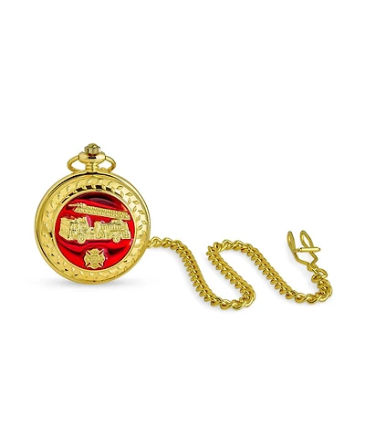 Bling Jewelry Fireman Firefighter Fire Truck Pocket Watch Two Tone Red Gold Plated With Long Pocket Chain
