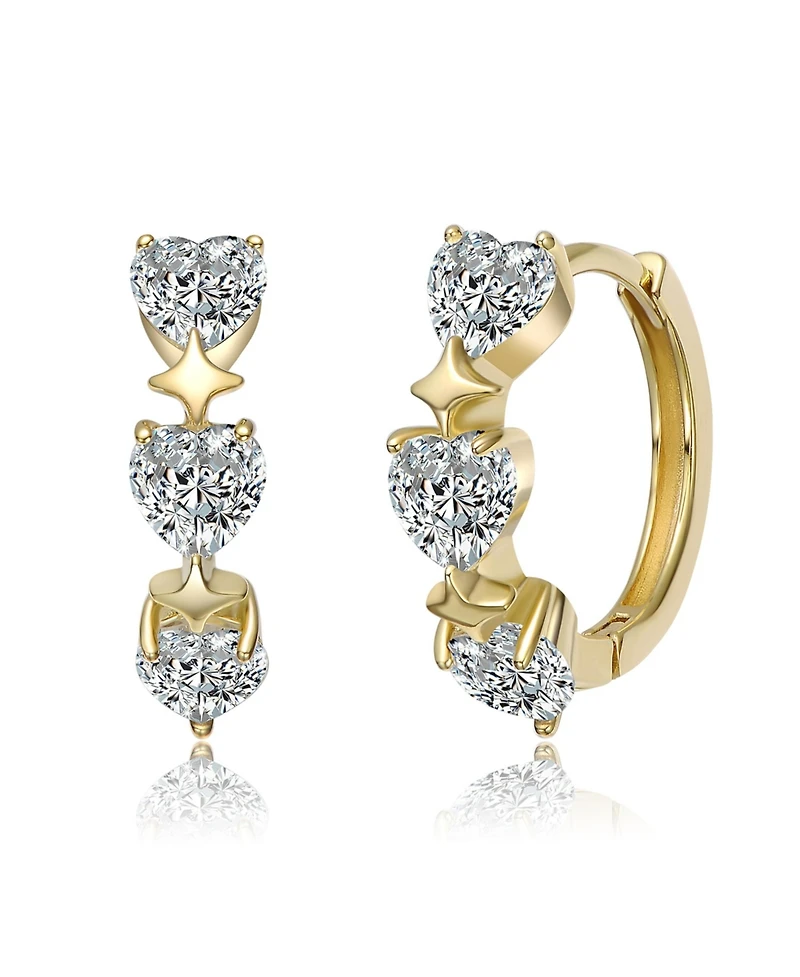 Genevive Sterling Silver 14K Gold Plated with Clear Cubic Zirconia Trio Hearts Hoop Earrings