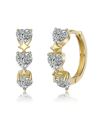 Genevive Sterling Silver 14K Gold Plated with Clear Cubic Zirconia Trio Hearts Hoop Earrings
