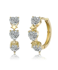 Genevive Sterling Silver 14K Gold Plated with Clear Cubic Zirconia Trio Hearts Hoop Earrings